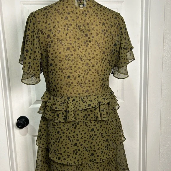 MISA  LOS ANGELES DRESS Chic Ruffle Olive Polka Dot Mini Dress - Picture 4 of 7